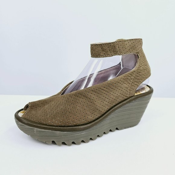 Fly London Yala Sandals 36 5.5 Perforated Suede Wedge Olive Green Taupe Peep Toe - Picture 1 of 13